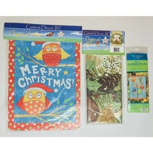 NEW Custom Decor Inc Lot of 3 Owl Garden Yard Flag Christmas 12x18 28x40 12.5x18